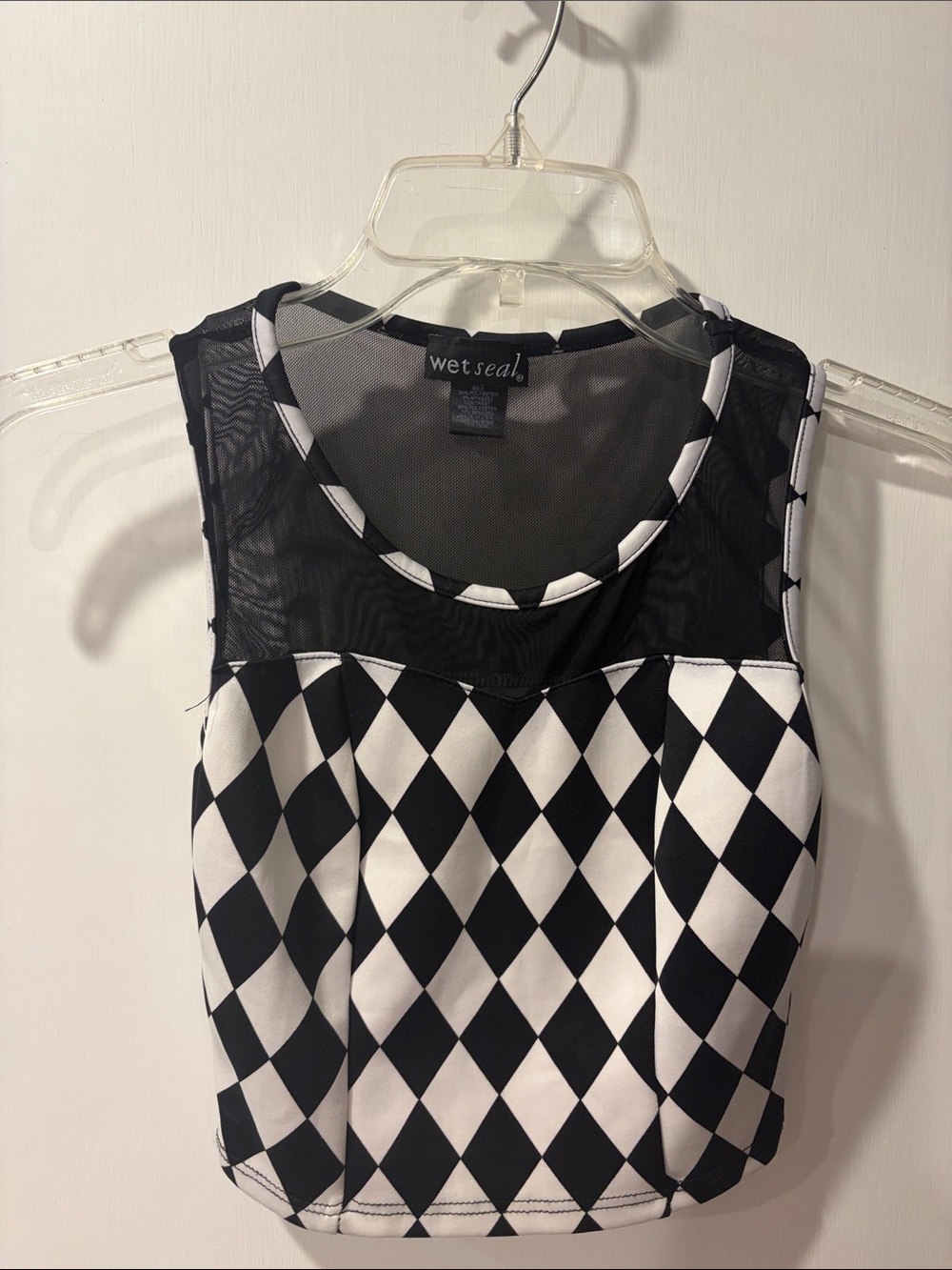 Wet Seal Black & White Harlequin Mesh Crop Top sleeveless XS